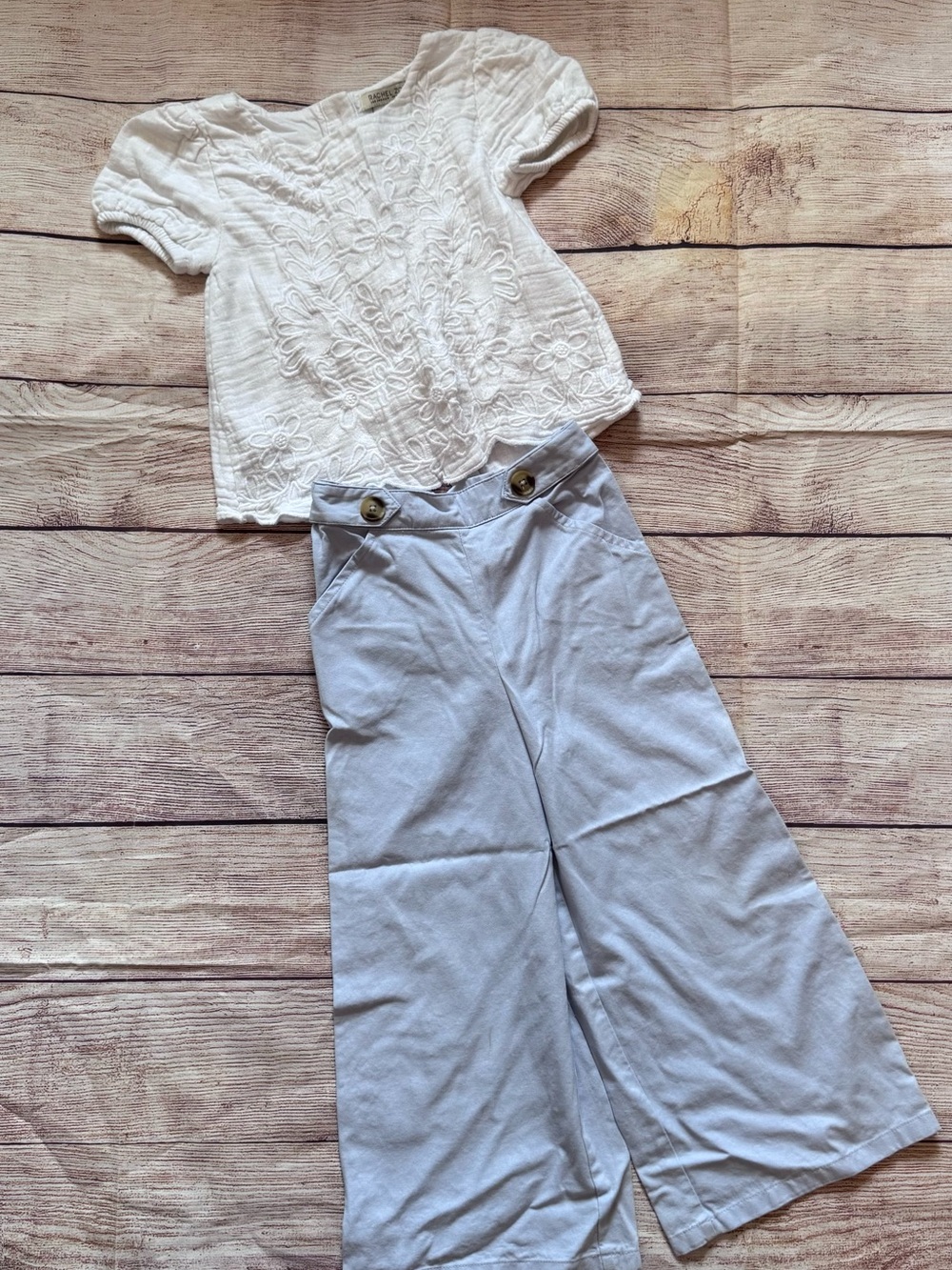 Rachel Zoe White Embroidered Top and Baby Blue Pant Set